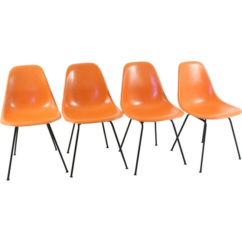 Set of 4 orange side chairs by Charles & Ray Eames for Herman Miller - 1960s