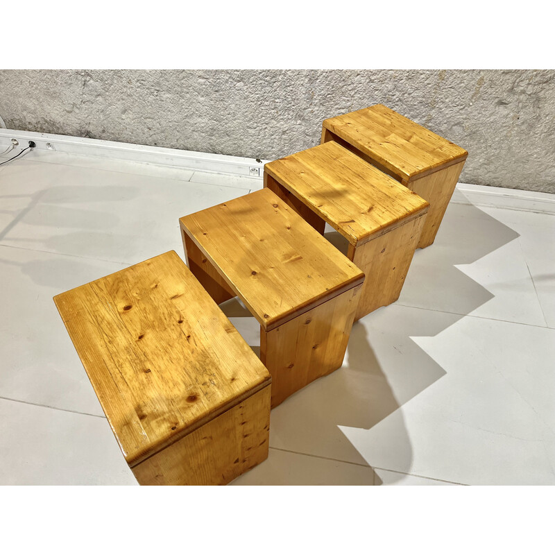 Set of 4 vintage stools in solid pine, selected by Charlotte Perriand for "les Arcs", 1960