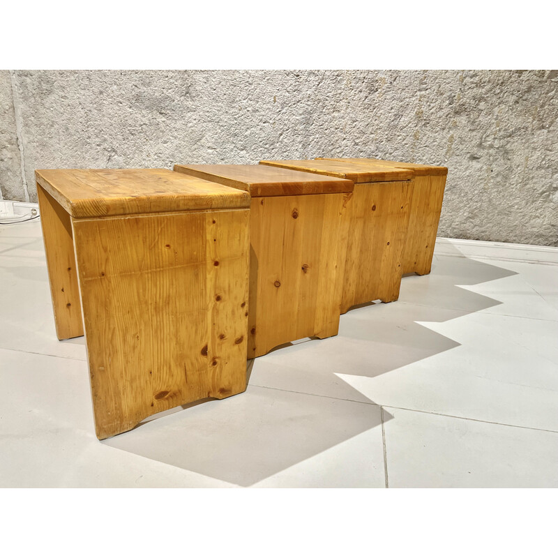 Set of 4 vintage stools in solid pine, selected by Charlotte Perriand for "les Arcs", 1960