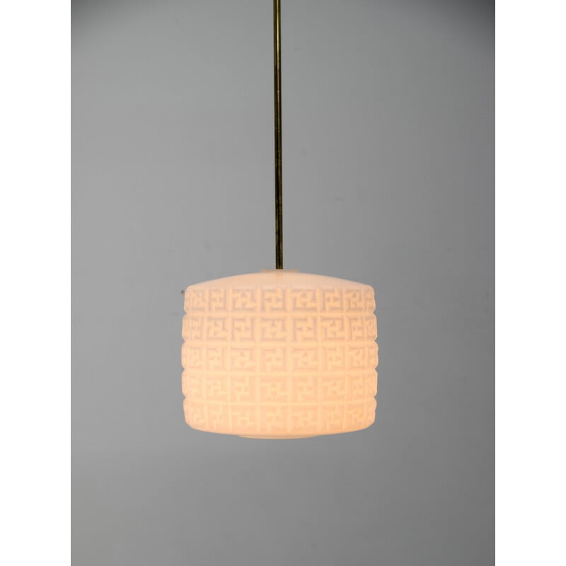 Vintage pendant lamp in brass and milky glass, Czechoslovakia 1960s