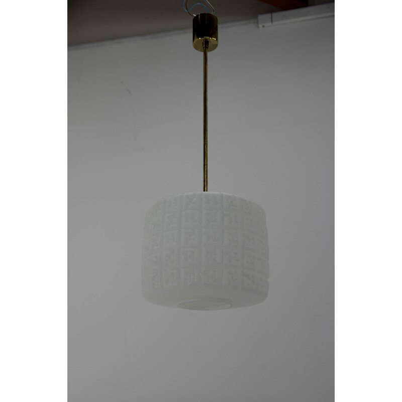 Vintage pendant lamp in brass and milky glass, Czechoslovakia 1960s