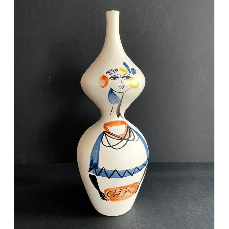 Vintage-Flasche aus weißem Steingut von Roger Capron, Frankreich 1960