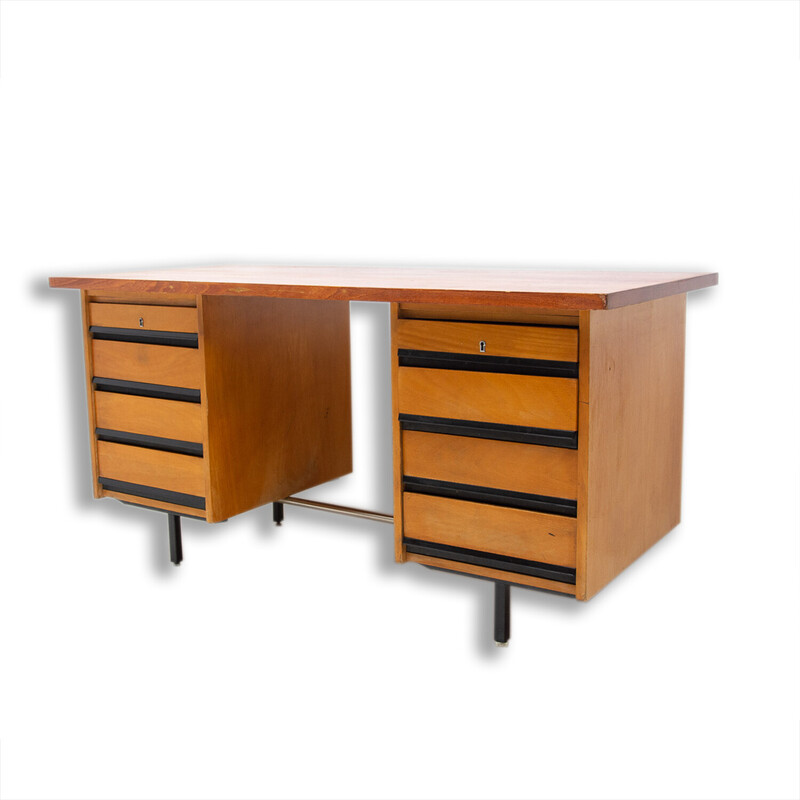 Vintage desk in beech, iron and plastic, Czechoslovakia 1970s