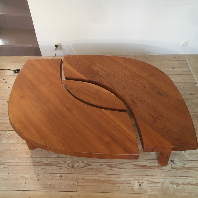 Vintage T22 elm coffee table by Pierre Chapo, 1970s