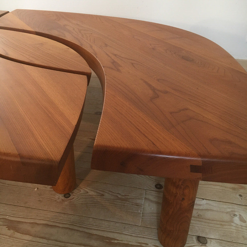 Vintage T22 elm coffee table by Pierre Chapo, 1970s