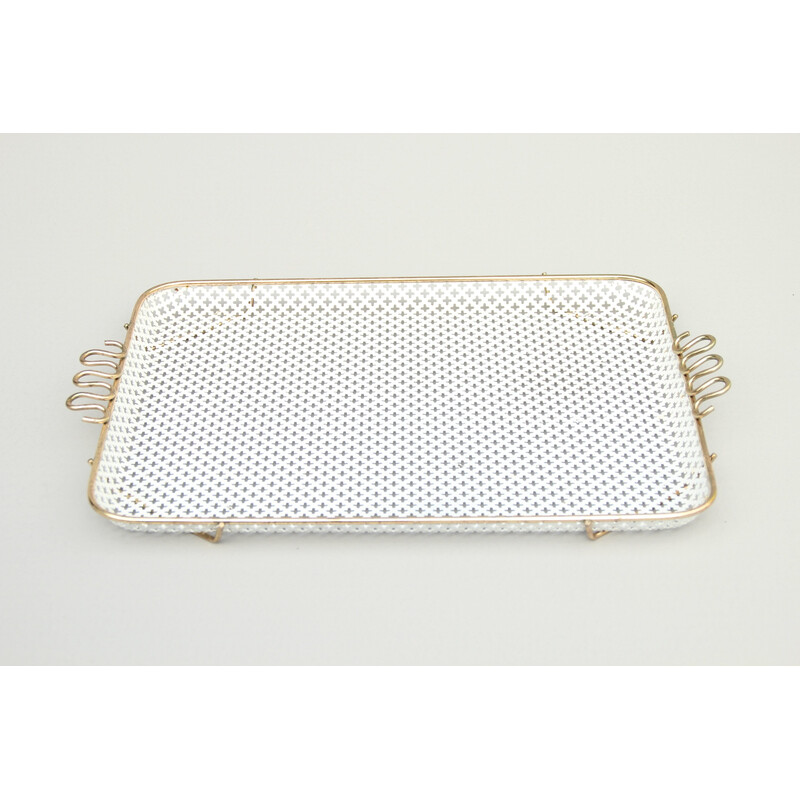 Vintage serving tray in white lacquered sheet metal and brass for Münchner Werkstätten, 1950s