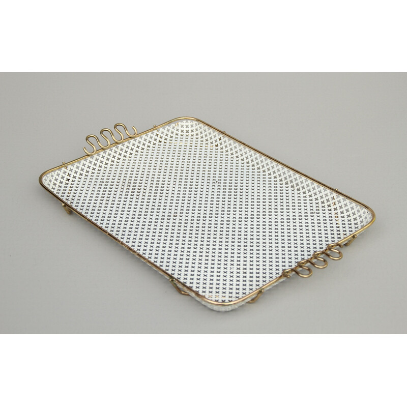 Vintage serving tray in white lacquered sheet metal and brass for Münchner Werkstätten, 1950s