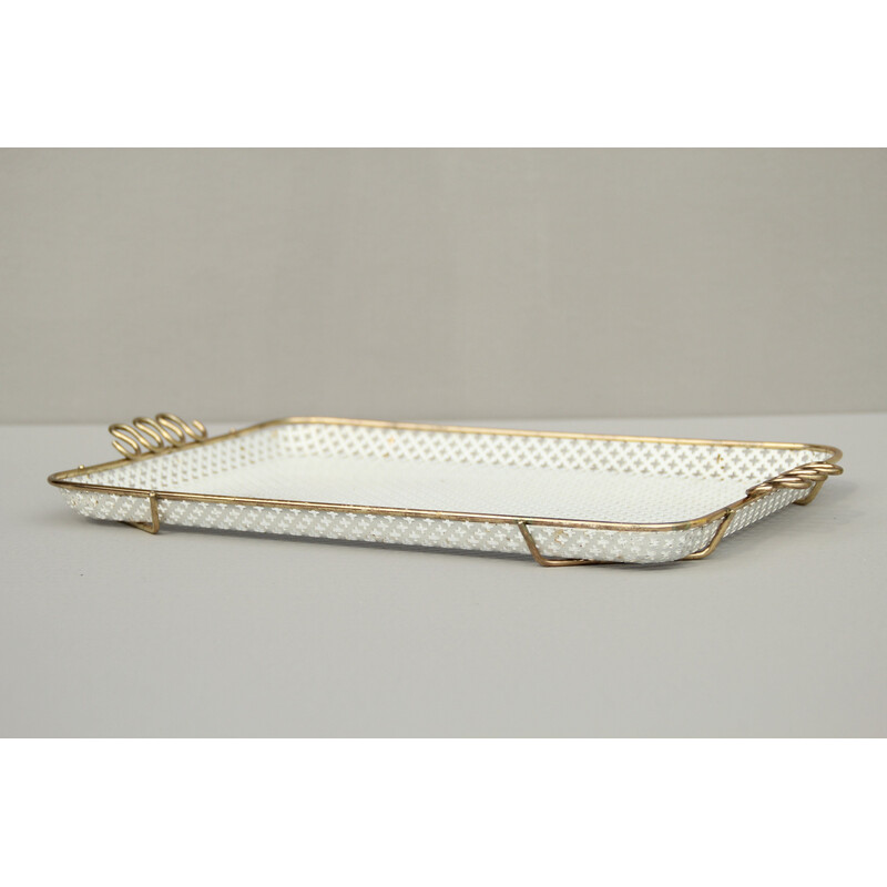 Vintage serving tray in white lacquered sheet metal and brass for Münchner Werkstätten, 1950s