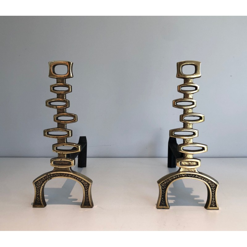 Pair of vintage brass andirons, Italy 1970s