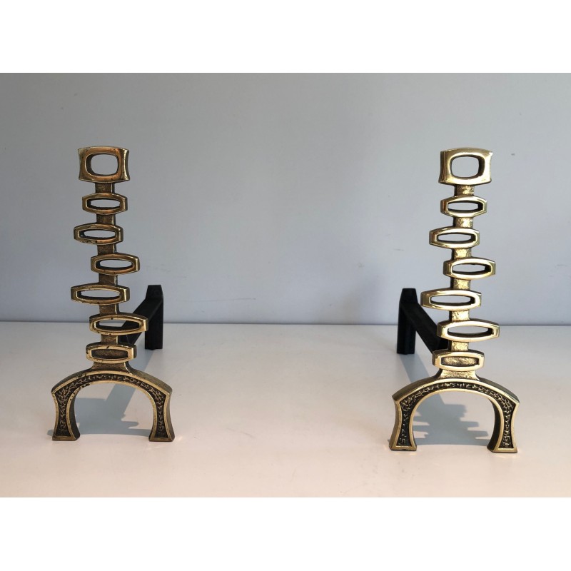Pair of vintage brass andirons, Italy 1970s