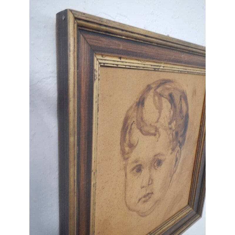 Vintage painting "Bimbo" in oil, plywood and gold lacquered fir by Mina Anselmi