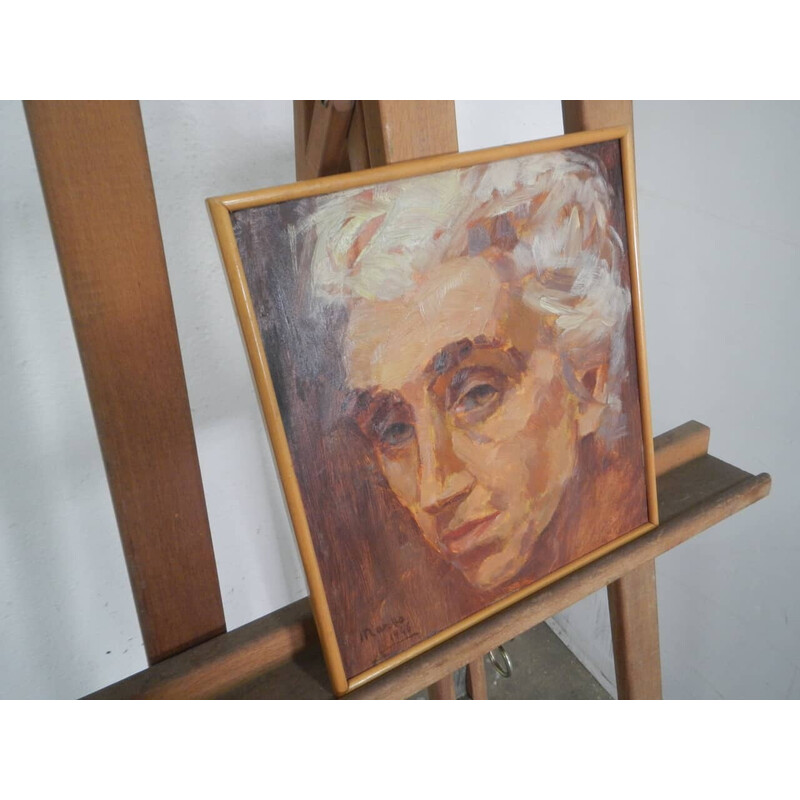 Vintage painting "woman's face" in oil, plywood and fir by Mina Anselmi