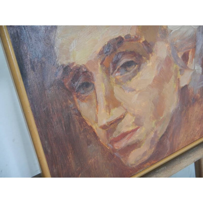 Vintage painting "woman's face" in oil, plywood and fir by Mina Anselmi