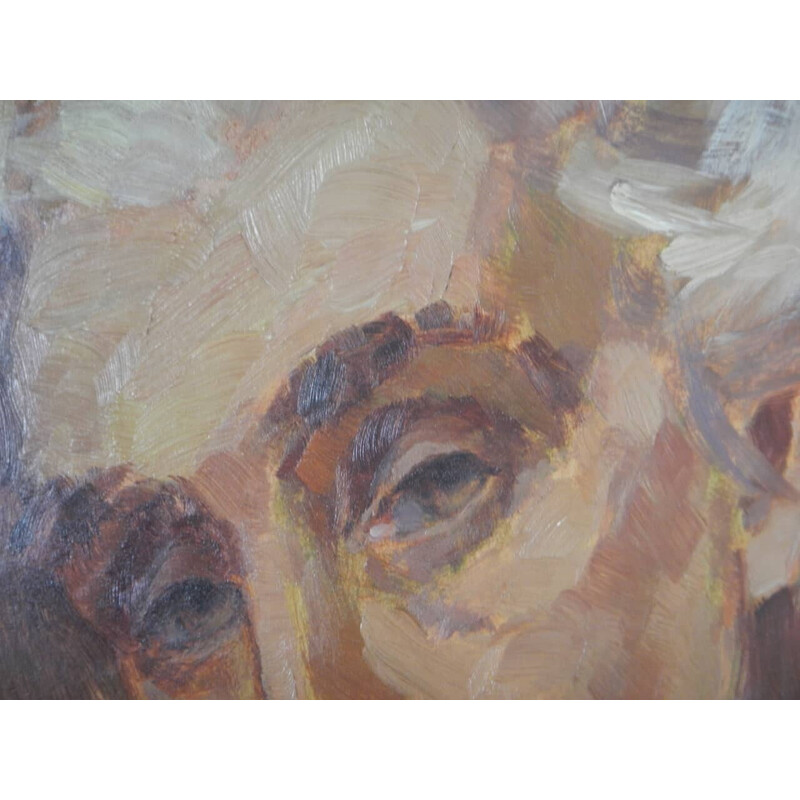 Vintage painting "woman's face" in oil, plywood and fir by Mina Anselmi