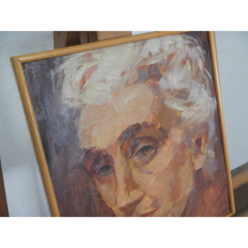 Vintage painting "woman's face" in oil, plywood and fir by Mina Anselmi