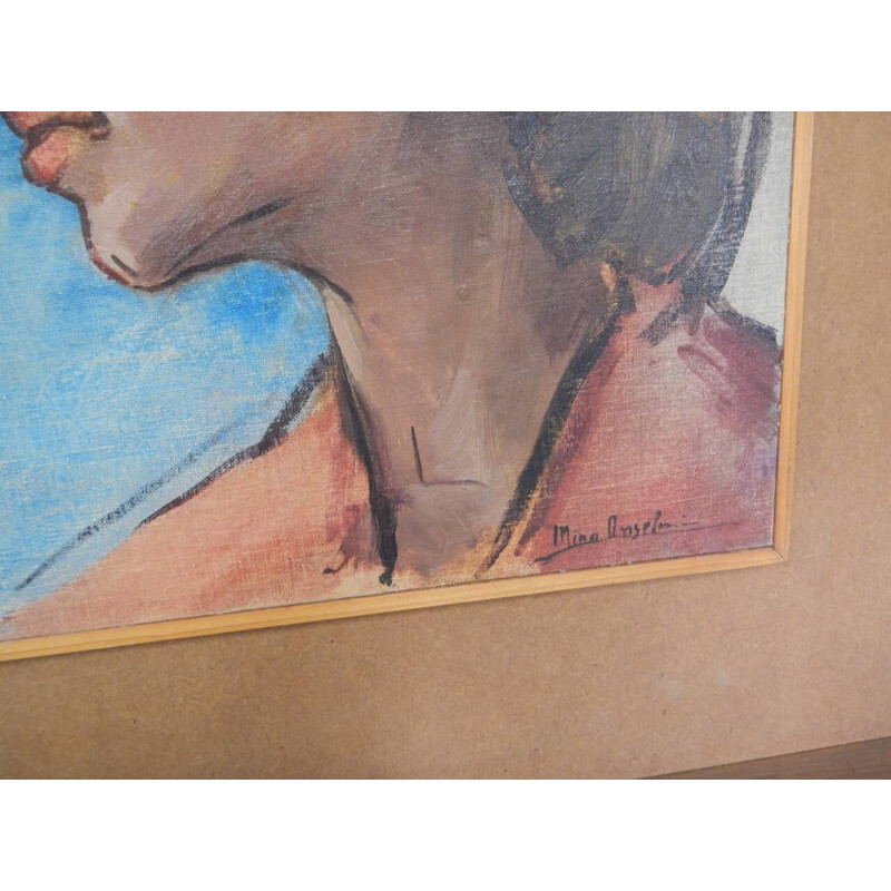 Peinture vintage "Visage de femme" à l'huile, contreplaqué et sapin par Mina Anselmi