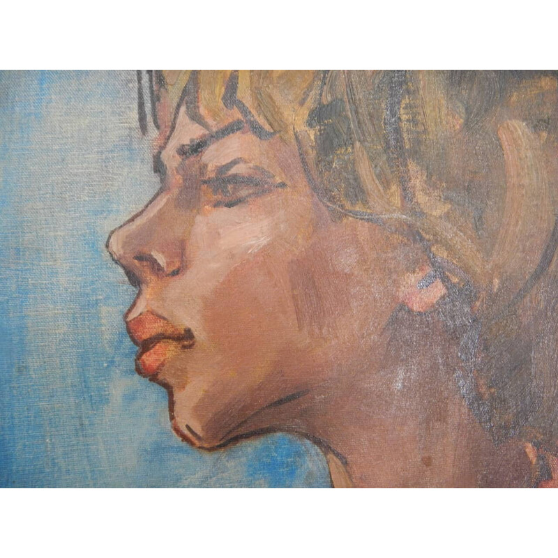 Pintura vintage "O rosto da mulher" em óleo, contraplacado e abeto por Mina Anselmi
