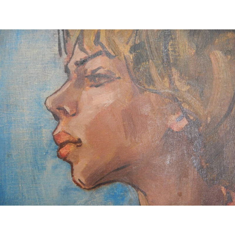 Vintage schilderij "Woman's face" in olieverf, multiplex en spar door Mina Anselmi