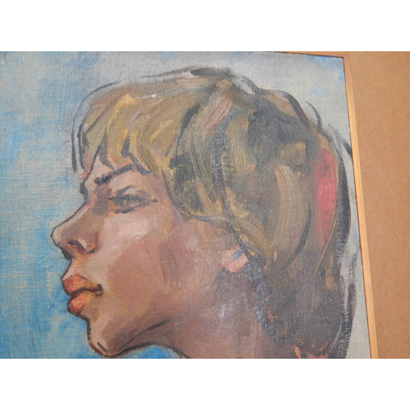 Vintage schilderij "Woman's face" in olieverf, multiplex en spar door Mina Anselmi