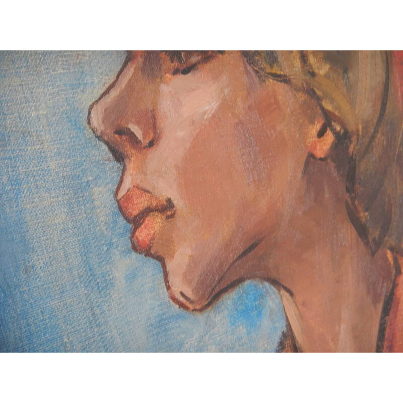 Vintage schilderij "Woman's face" in olieverf, multiplex en spar door Mina Anselmi