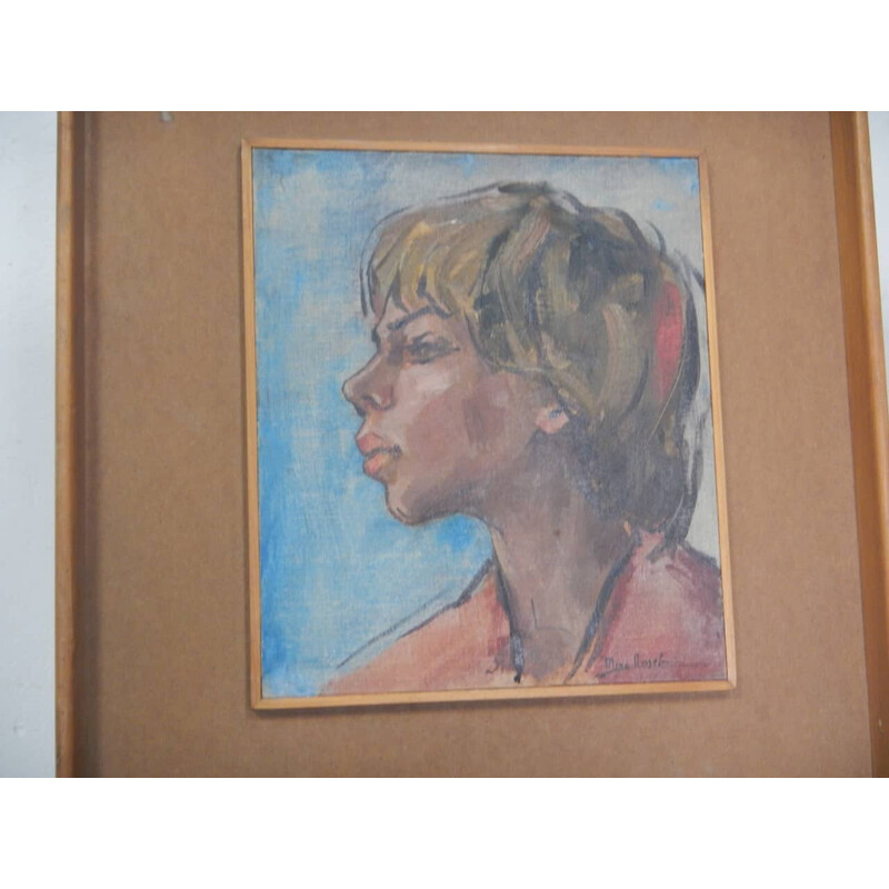 Vintage schilderij "Woman's face" in olieverf, multiplex en spar door Mina Anselmi