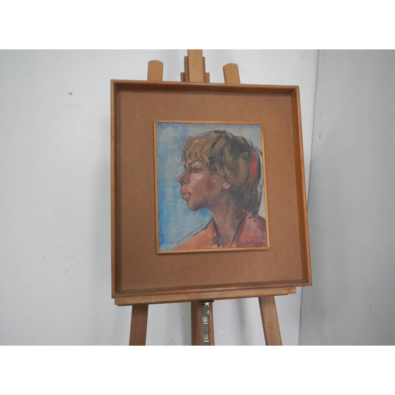 Vintage schilderij "Woman's face" in olieverf, multiplex en spar door Mina Anselmi