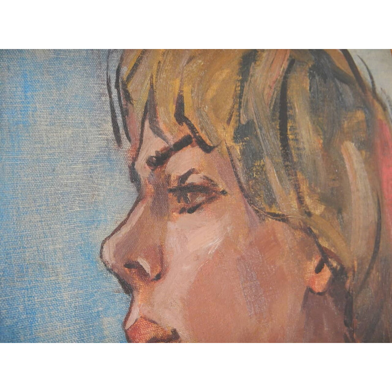 Vintage-Gemälde "Gesicht einer Frau" in Öl, Sperrholz und Tanne von Mina Anselmi