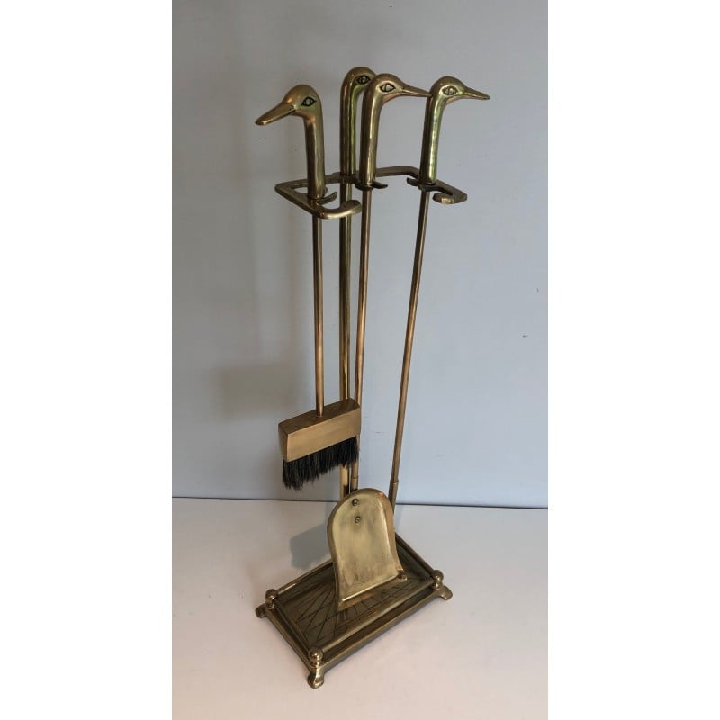 Set of vintage brass fire set with duck heads, France 1970s