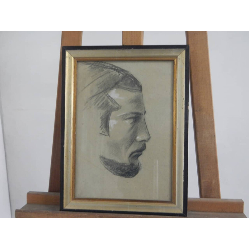 Carboncino vintage su carta "profili d'uomo" in abete, vetro e compensato di Mina Anselmi