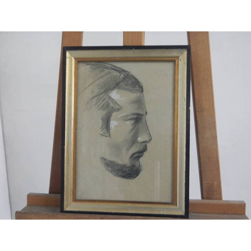 Vintage charcoal on paper "men's profiles" by Mina Anselmi