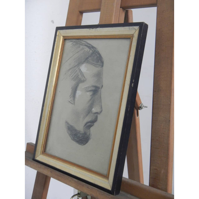 Vintage charcoal on paper "men's profiles" by Mina Anselmi