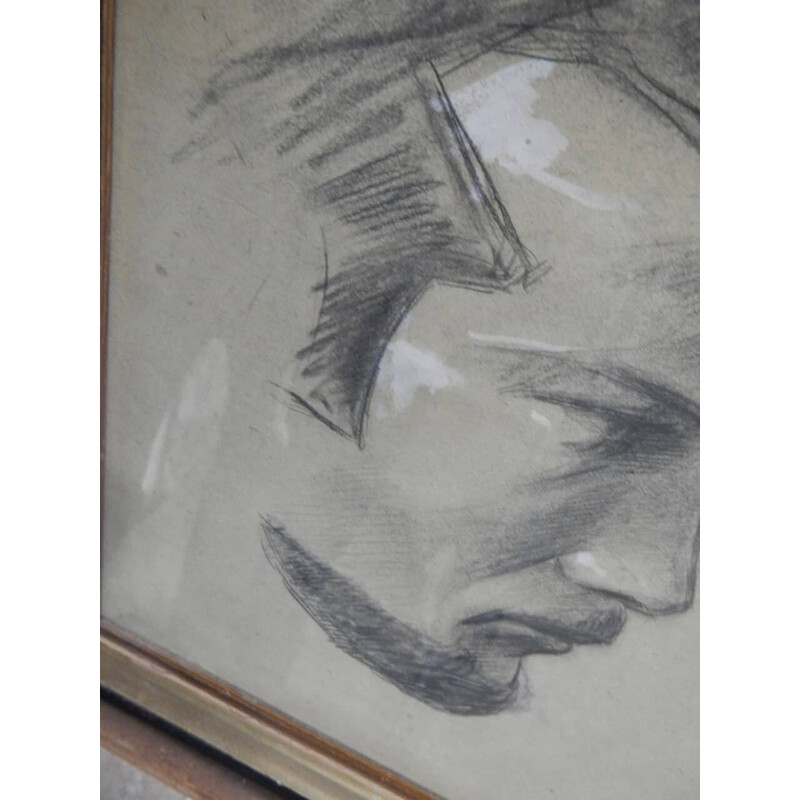 Fusain vintage sur papier "profils d'homme" par Mina Anselmi