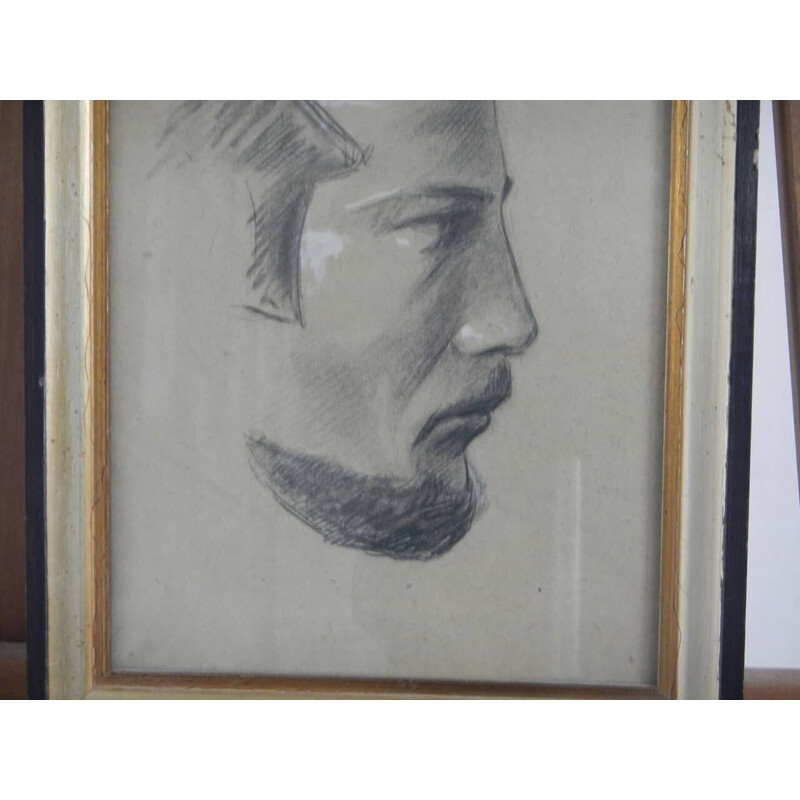 Vintage charcoal on paper "men's profiles" by Mina Anselmi