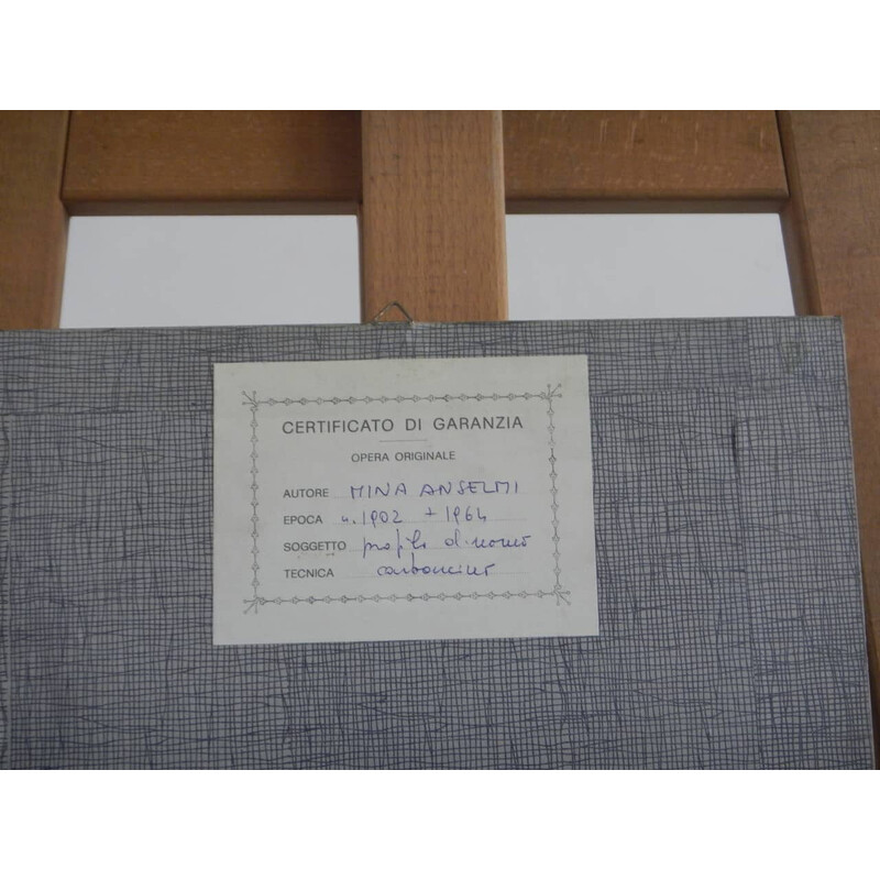 Vintage Kohle auf Papier "Männerprofile" in Tanne, Glas und Sperrholz von Mina Anselmi