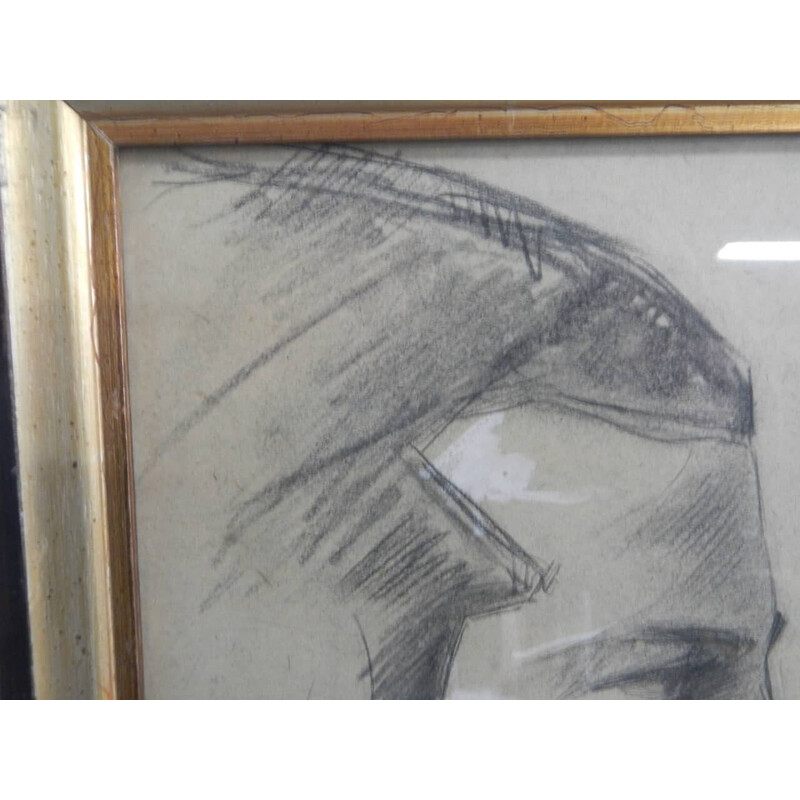 Vintage charcoal on paper "men's profiles" by Mina Anselmi