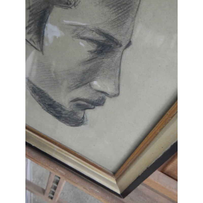 Vintage charcoal on paper "men's profiles" by Mina Anselmi