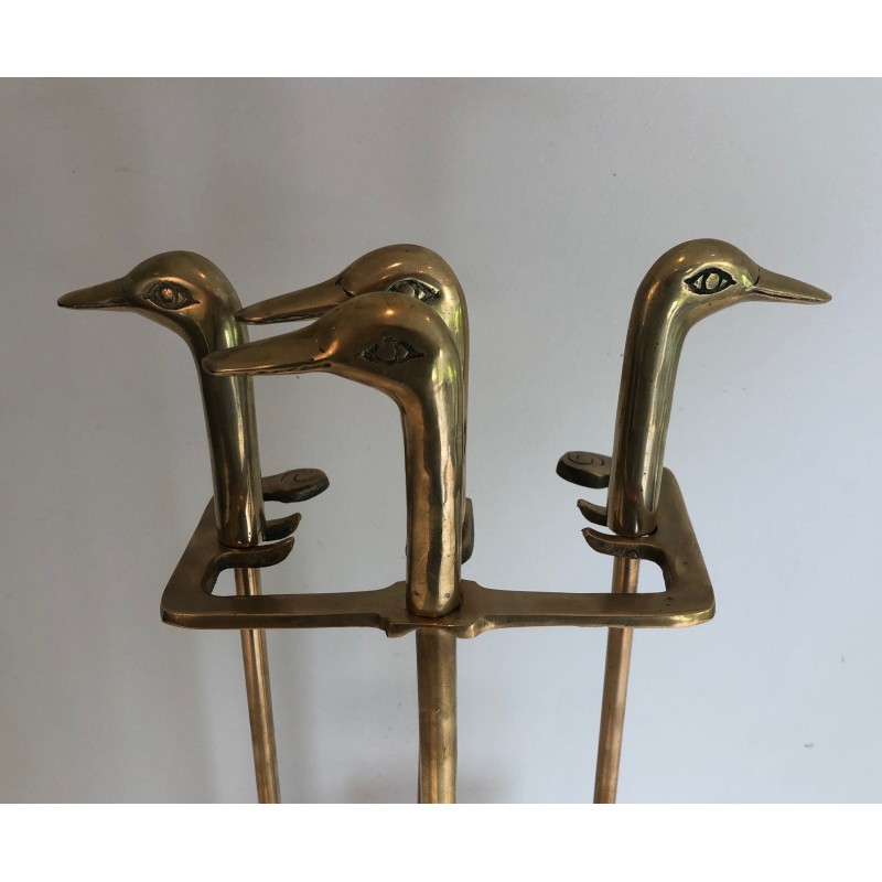 Set of vintage brass fire set with duck heads, France 1970s