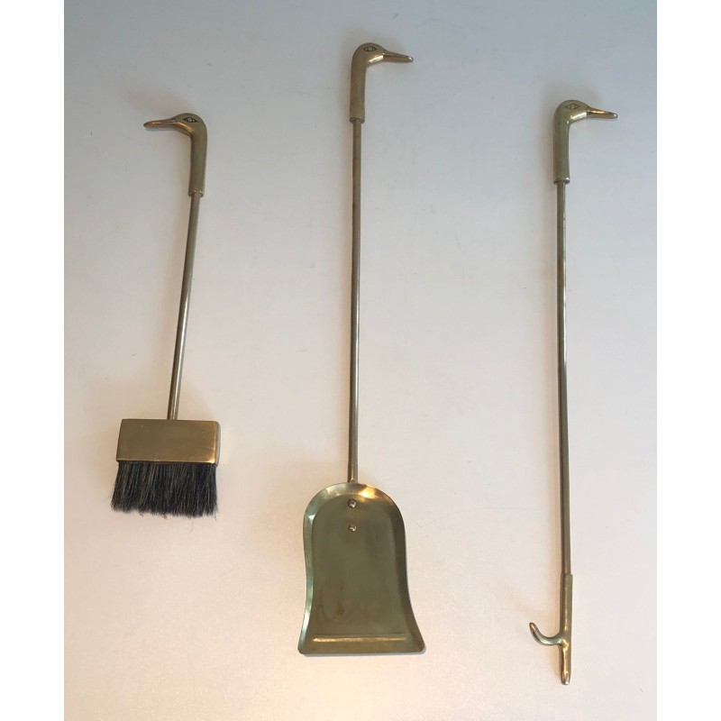 Set of vintage brass fire set with duck heads, France 1970s