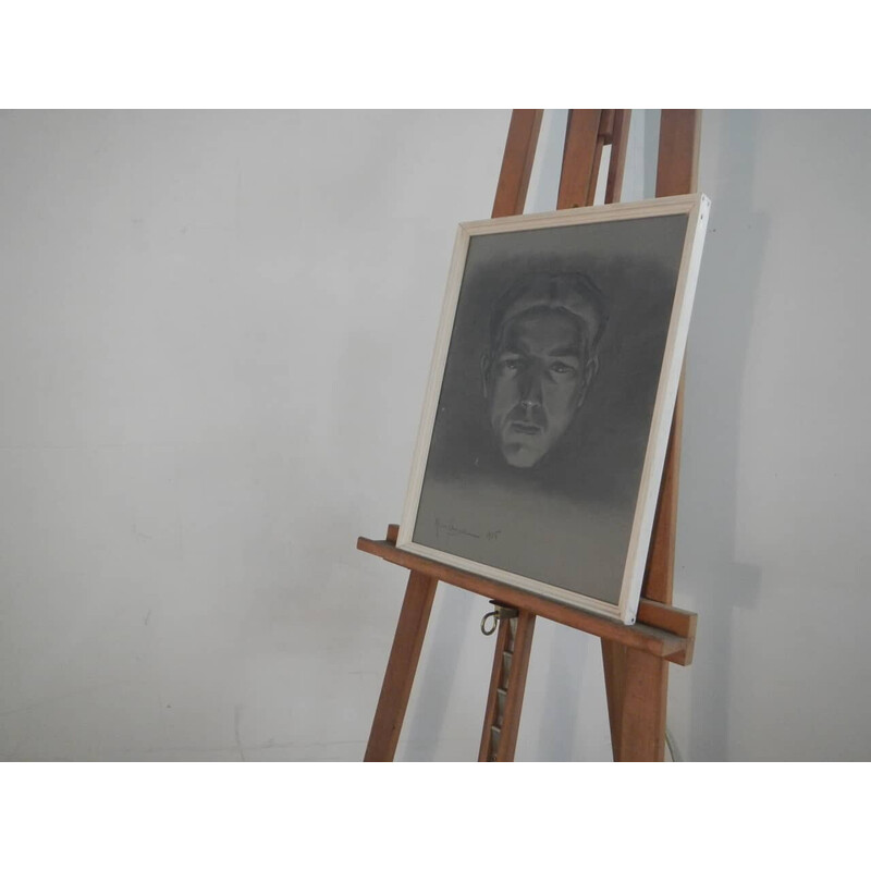 Carboncino vintage su carta "volto d'uomo" in abete e vetro di Mina Anselmi