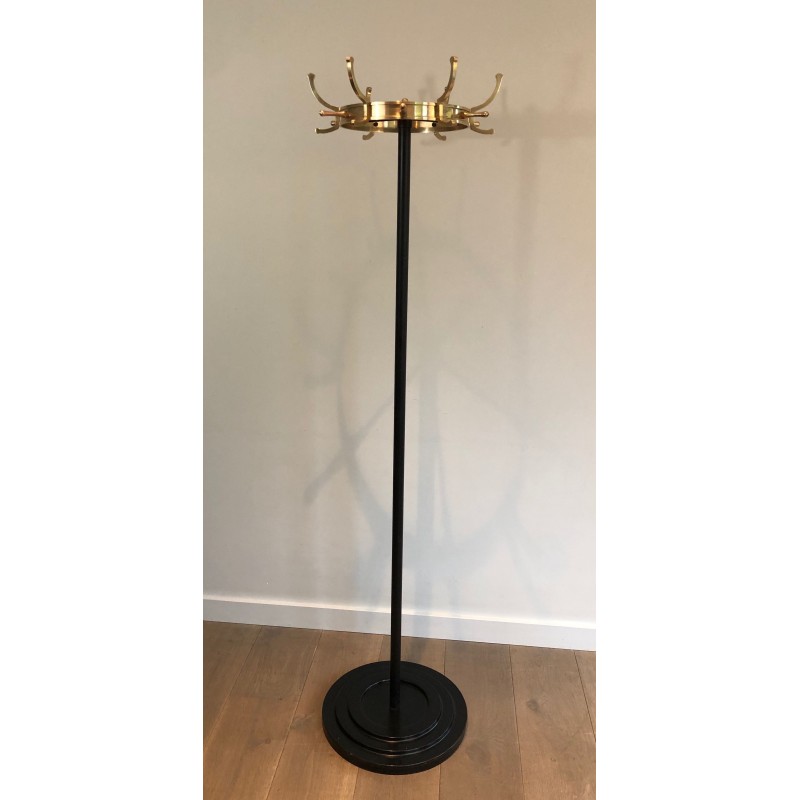 Vintage coat rack in black lacquered metal and brass by Jacques Adnet, France 1950s