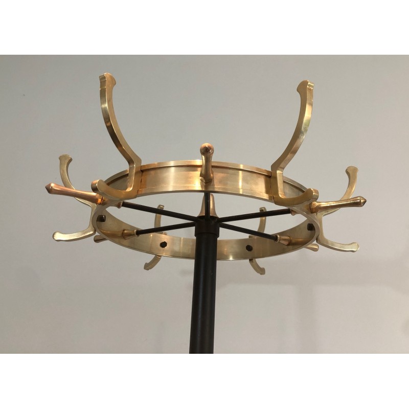 Vintage coat rack in black lacquered metal and brass by Jacques Adnet, France 1950s