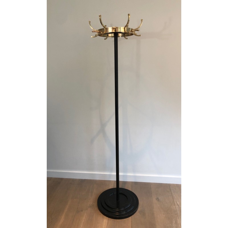 Vintage coat rack in black lacquered metal and brass by Jacques Adnet, France 1950s