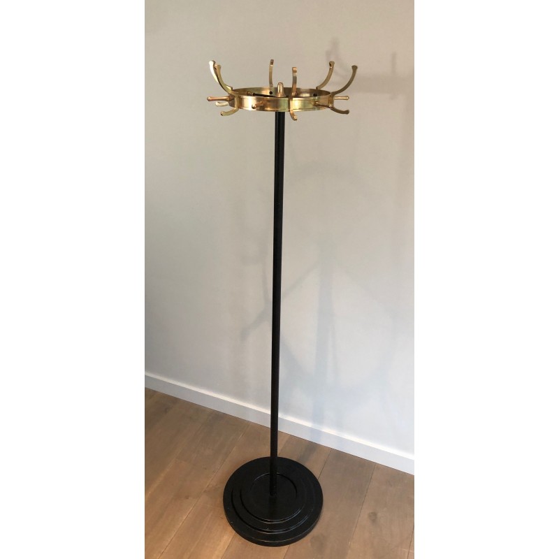 Vintage coat rack in black lacquered metal and brass by Jacques Adnet, France 1950s