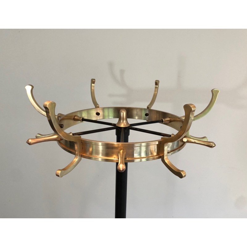 Vintage coat rack in black lacquered metal and brass by Jacques Adnet, France 1950s