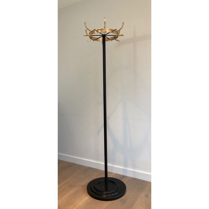 Vintage coat rack in black lacquered metal and brass by Jacques Adnet, France 1950s