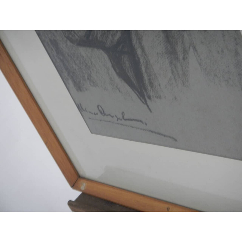 Carboncino vintage su carta d'abete, vetro e compensato di Mina Anselmi