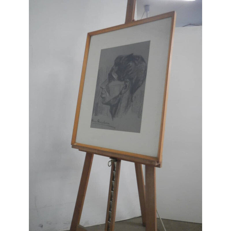 Vintage charcoal on paper in fir, glass and plywood by Mina Anselmi