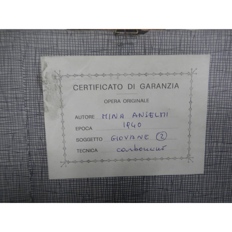 Carboncino vintage "Young 1940" su carta d'abete, vetro e compensato di Mina Anselmi