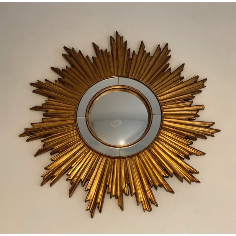 Miroir vintage soleil en résine dorée, France 1970