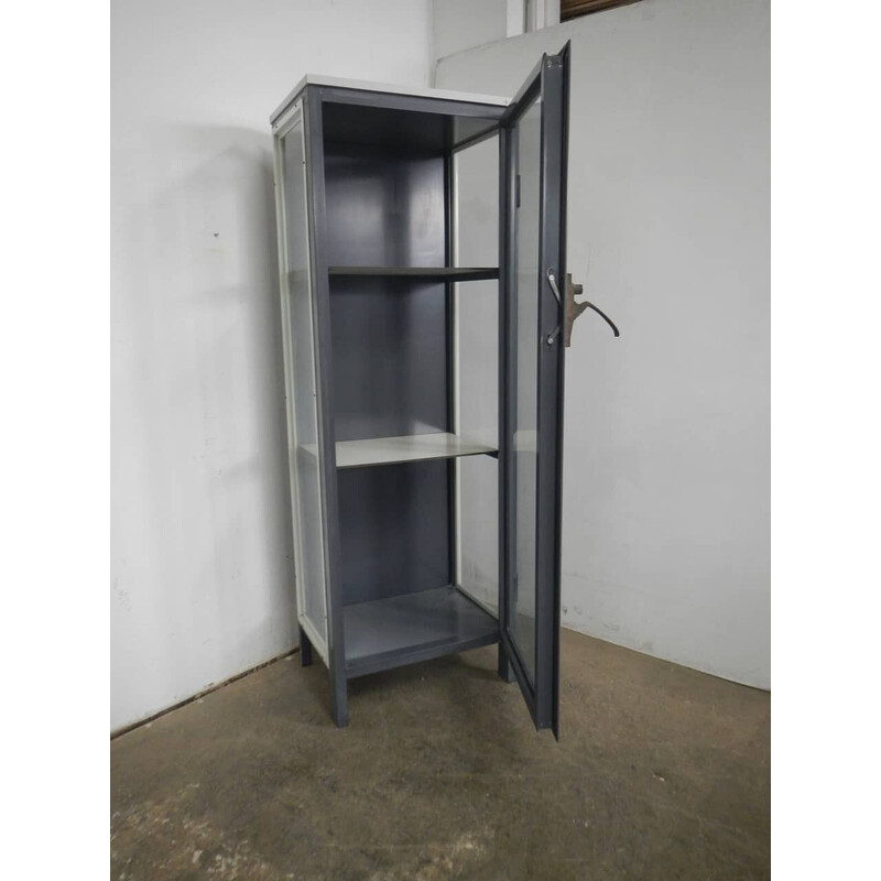 Vintage laboratory display cabinet in gray iron and wood